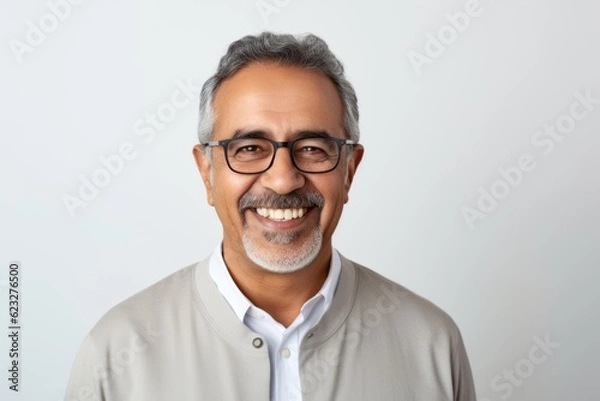 Fototapeta Portrait of happy mature Indian man in eyeglasses smiling at camera