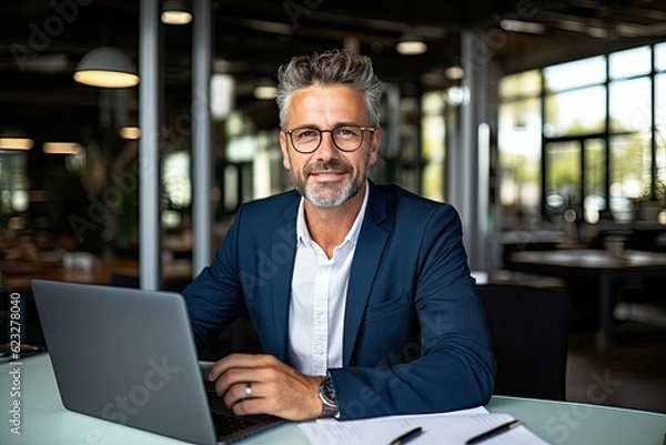 Fototapeta Smiling mature adult business man executive sitting at desk using laptop. Happy busy professional mid aged businessman ceo manager working on computer corporate technology in office