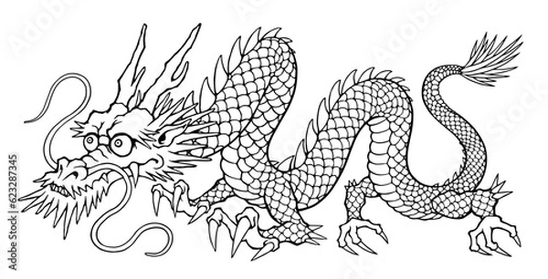 Obraz 中国や日本の龍の線画　2024年 辰年の年賀状イラストの素材