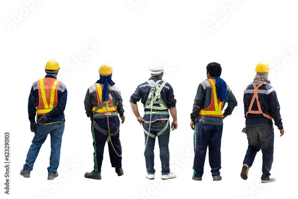 Obraz Back view of Construction worker in safety jacket ,Safety Reflective Vest and safety helmet.