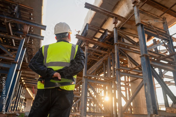 Fototapeta Engineer architect in safety clothes and helmet working on tollway construction site Engineer supervises road construction, commands with Walkie-Talkie radio communications.