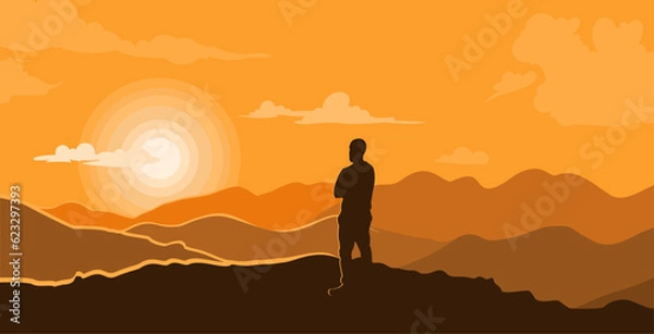 Fototapeta illustration of a mountain view in the evening with a sunset and a man enjoying the natural scenery