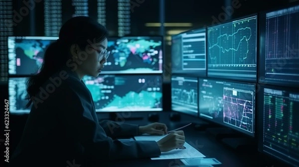Obraz AIによる予測で投資のチャートを分析するトレーダー・エンジニア・ビジネスウーマン
