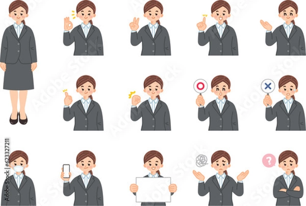 Obraz 若いビジネスウーマン　会社員　表情とジェスチャーのイラスト素材セット