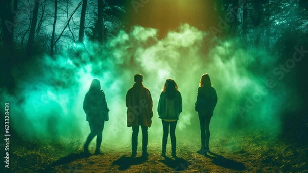 Fototapeta A Group of Children in a Forest Staring at a Mysterious Fog Generative AI