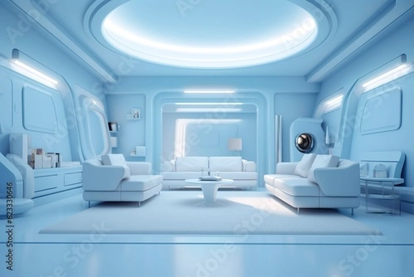 Fototapeta A professional and eye catching light blue with white living room in the metaverse, futuristic, AI Generative