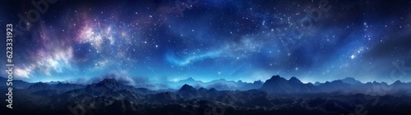 Fototapeta Panorama dark blue night sky, milky way and stars on dark background, Universe filled with stars, nebula and galaxy,  AI Generative