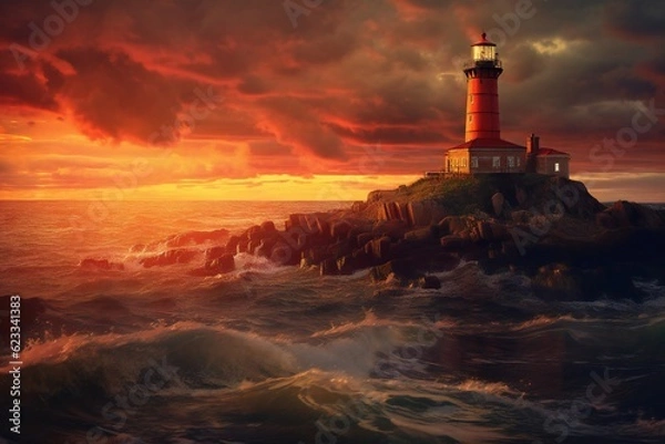 Fototapeta Autumn lighthouse in the sunset and rain Generative AI