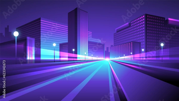 Fototapeta Synthwave cyberpunk city. Night street with road and business buildings.
