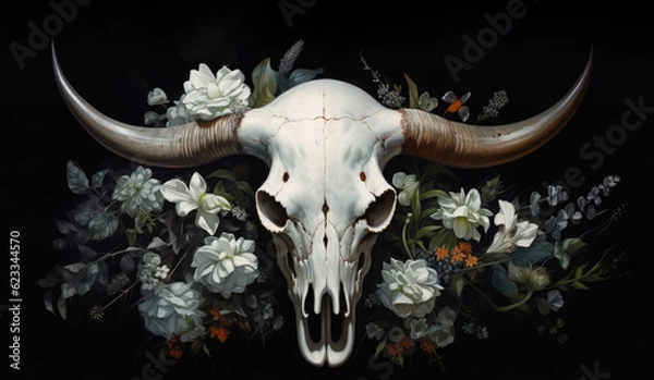 Obraz Skull of a bull and a rose. on black background. Digital art. Generative AI.