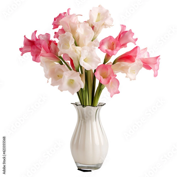 Obraz Różowe tulipany w wazonie izolowanym. Gladiolus Flower „Prins Claus” aranżacje wazonu przezroczyste. Gladiolus kwiat png. Wazon kwiatowy png. Minimalistyczny wazon kwiatowy. Generatywny AI.