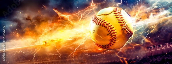 Obraz magic leather baseball ball in a colorful explosion of fire energy and movement, sports performance, banner with copy space made with Generative AI