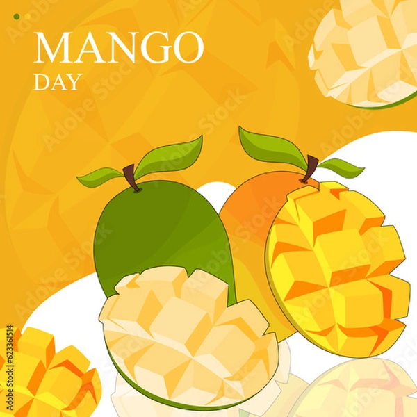 Fototapeta Mango Day on july 22 with white background and mango. Mango is primarily a summer fruit, and it comes in all shapes and sizes, and with each variety, there a different way to enjoy the taste.