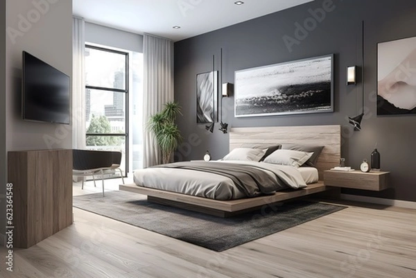 Fototapeta Stylish interior of comfortable bedroom. Generative AI