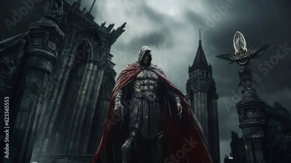 Fototapeta Guardian of History in Stone: Red-Cloaked Warrior, An Ancient Sculpture in the Fortress Heart, Echoing Centuries of Heroic Deeds