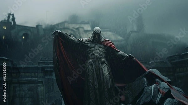 Fototapeta Silent Watcher Amidst Shadows: Red-Hooded Warrior Statue's Vigil Over the Ancient Medieval Castle Battlements