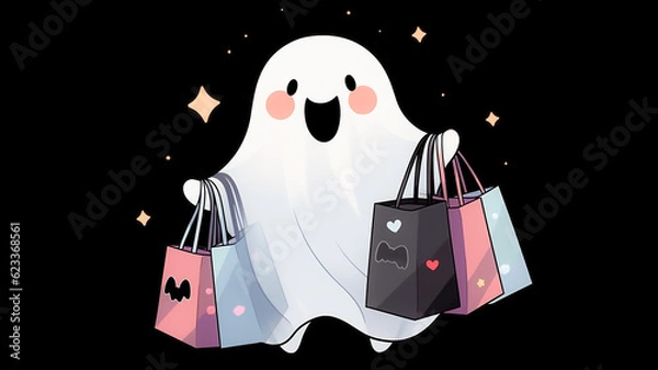 Obraz Cute happy ghost holding shopping bags. Buying Christmas presents on Black Friday. Created with Generative AI.