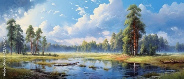 Fototapeta Idyllic forest wetland on a sunrise misty morning with distant rain clouds, early autumn picturesque woodland landscape with conifer pine trees next to shallow river stream - generative AI