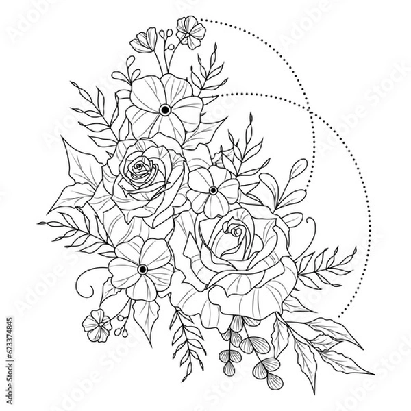 Fototapeta Vector black and white outline simple illustration of rose flowers. Bouquet of flowers for tattoos and for the body. Coloring book antistress.