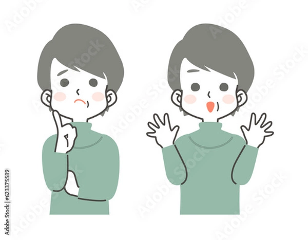 Fototapeta ミドル、中年女性の悩む・困る表情と笑顔のイラスト素材セット