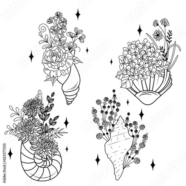 Fototapeta Set of flower shells. Collection of seashells with floral wreath. Beach. Summer shell. Vector design illustration for print. Drawing for children. Tattoo on the body.