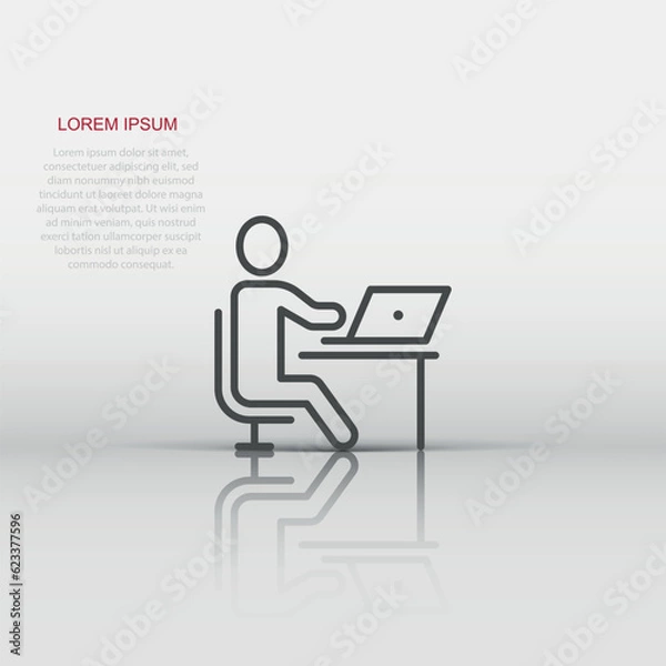 Fototapeta People with laptop computer icon in flat style. Pc user vector illustration on white isolated background. Office manager business concept.