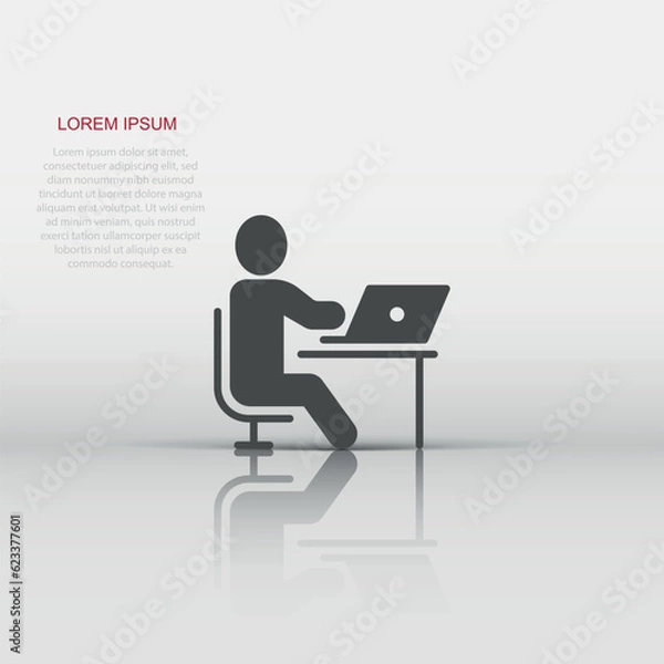Fototapeta People with laptop computer icon in flat style. Pc user vector illustration on white isolated background. Office manager business concept.