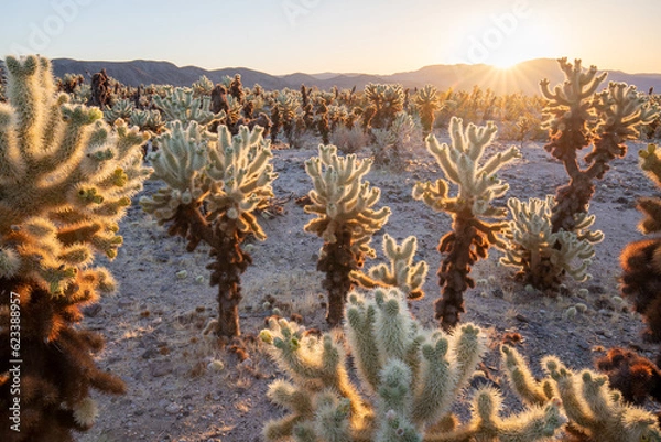 Fototapeta cholla cactus garden from Joshua Tree national park with a warm morning sunlight