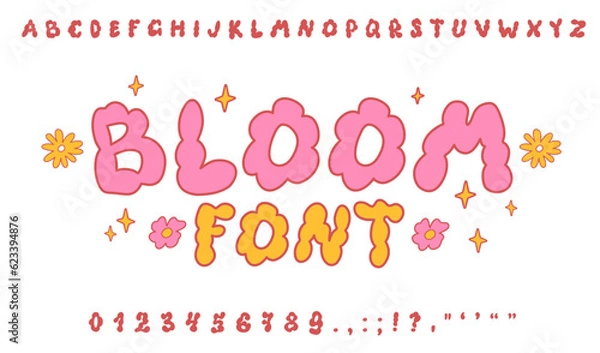 Fototapeta Bubble flux funky typeface abc. Hippie groovy Y2K font alphabet. Liquid Doodle alphabet.