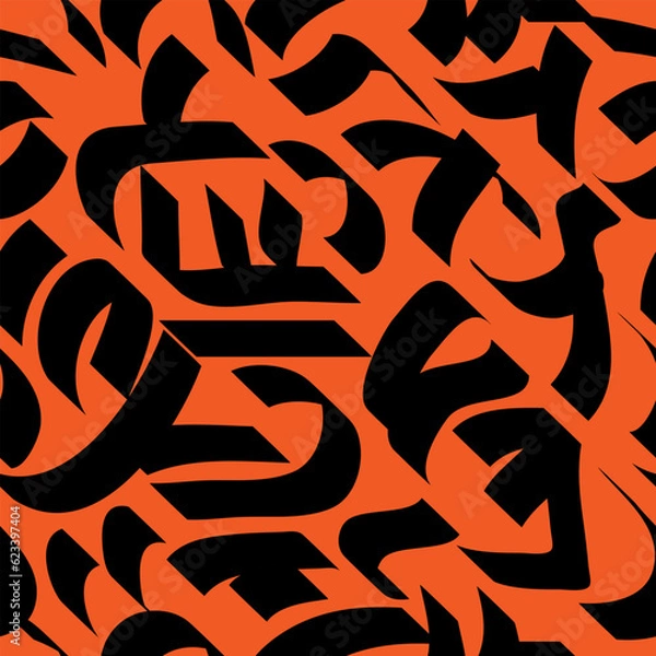 Fototapeta Seamless pattern with abstract hieroglyphs, signs. Vector modern background, black hieroglyphs on a bright orange background.