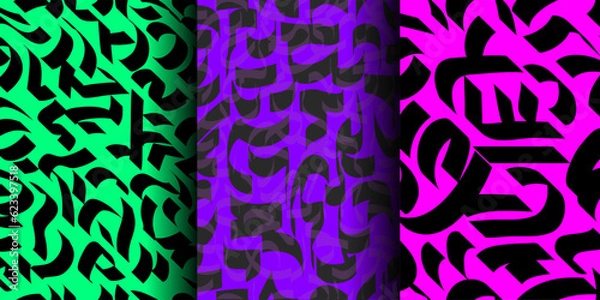 Fototapeta A set of bright seamless backgrounds with abstract hieroglyphs, signs. Vector modern backgrounds for your project. Three backgrounds without borders.