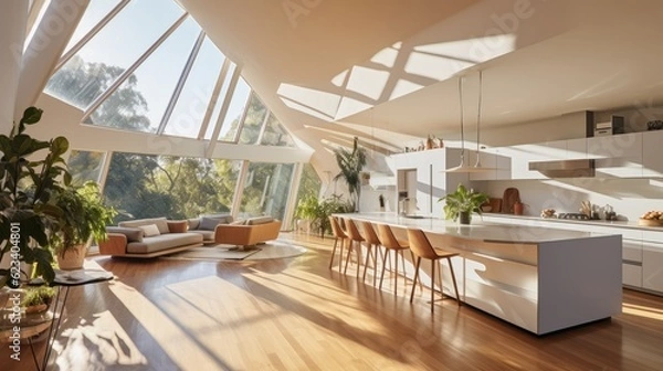 Fototapeta Architectural wonder featuring a house bathed in radiant light, generative ai