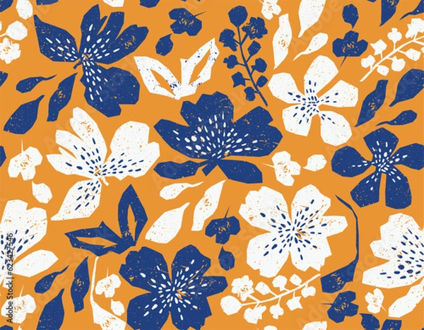 Fototapeta Trendy Colourful Paper cutouts , Hand drawn modern Flower and Leaves design Seamless pattern with Texture