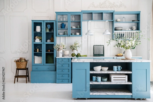 Fototapeta Kitchen in scandinavian style with island table and blue furniture