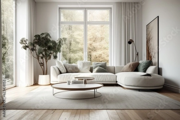 Fototapeta White sofa next to a round coffee table in a living room with wooden floor, huge windows, and white walls. a mockup. Generative AI