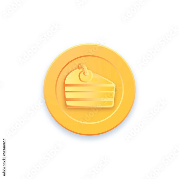 Fototapeta Golden game coin. Coin icon, gold medal. Coin with piece of cake. Graphic user interface design element game coin. Money symbol game elements. Bank payment symbol. Purchases in the game