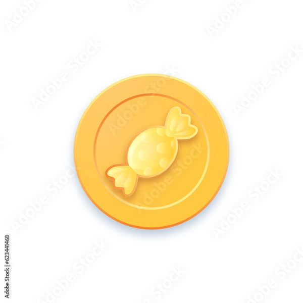 Fototapeta Golden game coin. Coin icon, gold medal. Coin with candy. Graphic user interface design element game coin. Money symbol game elements. Bank payment symbol. Purchases in the game, ultimate fate