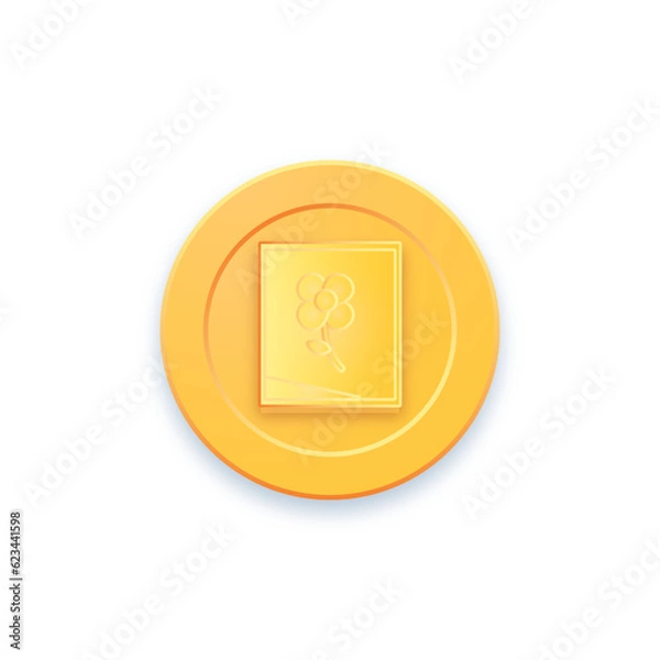 Fototapeta Golden game coin. Coin icon, gold medal. Coin with picture. Graphic user interface design element game coin. Money symbol game elements. Bank payment symbol. Purchases in the game, ultimate fate