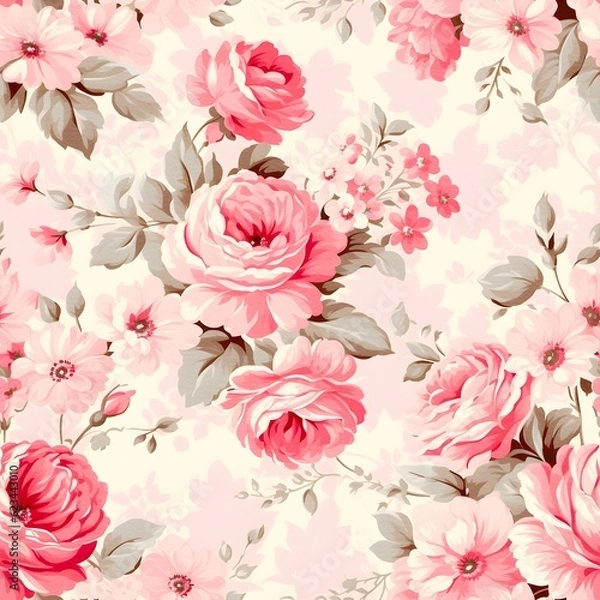 Obraz Pretty seamless pink rose pattern background, created with generative AI technology
