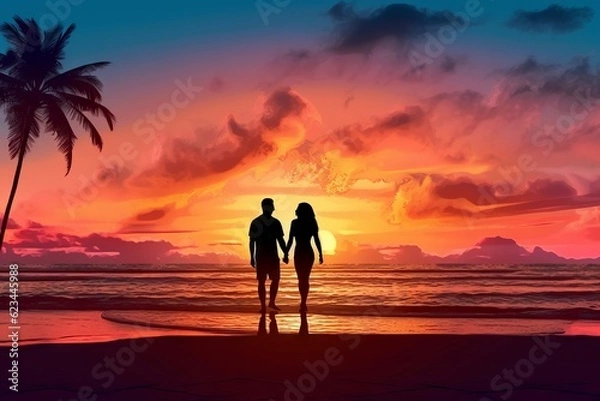Fototapeta Romantic couple silhouette on the beach at sunset watching horizon. Generative AI
