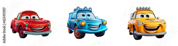 Obraz Set of happy smiling cars, cartoon character, collection of funny multicolored cartoon cars, ai generated