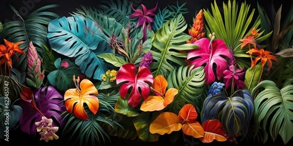 Obraz AI Generated. AI Generative. Notanical herbal exotic tropical plants herbs flowers botanical foliage background nature jungle lanfscape. Graphic Art