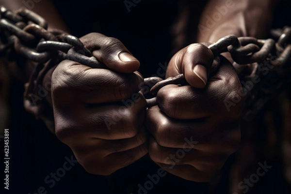 Fototapeta Hands with chains, slavery, a difficult life.
