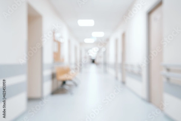 Obraz Bright, empty defocused hospital corridor background with copy space