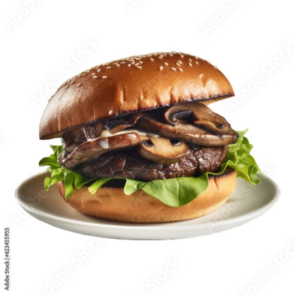 Fototapeta Grilled Portobello Mushroom Burger isolated on transparent background. Generative AI