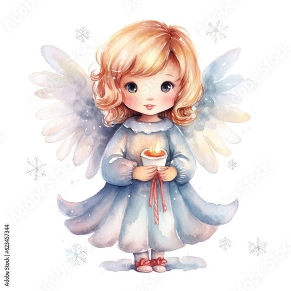 Obraz Drawing of a little girl with angel wings in watercolor