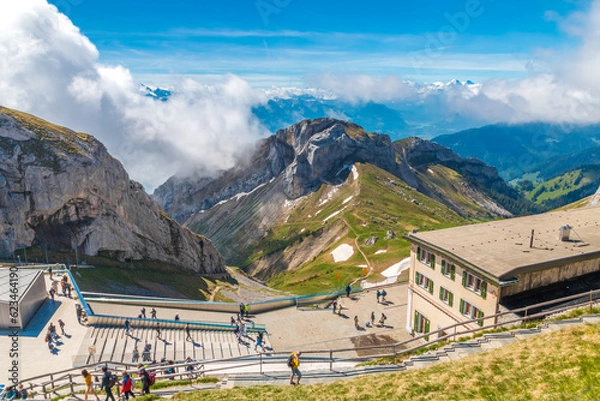 Obraz Beautiful view of the panorama terrace and the Hotel Pilatus Kulm with the Matthorn summit in the background. The Pilatus is a massif made up of multiple peaks.