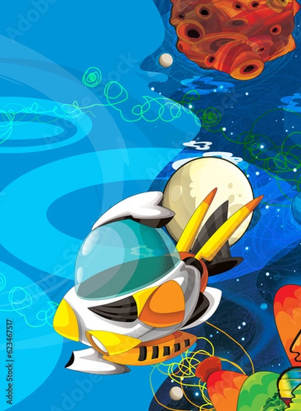 Fototapeta Cartoon funny colorful scene of cosmos galactic alien ufo isolated illustration for children