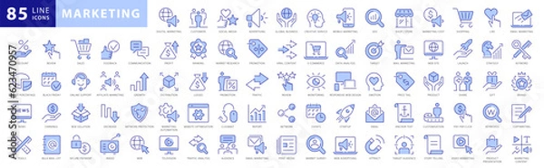 Fototapeta Marketing Blue Line Icons Set. Content, Search, Strategies, Marketing, Ecommerce, Branding, Seo, Electronic Devices, Reports, Analysis, Social and more Vector Line icons Collection