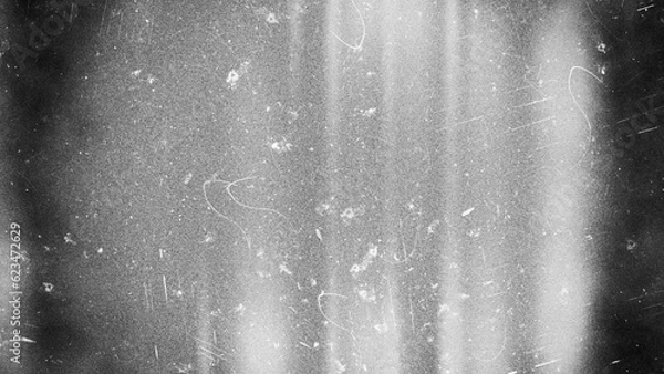 Obraz Vintage distressed old photo light leaks, film grain, dust and scratches transparent texture overlay with vignette border. Dirty gritty grunge analog 8k 16:9 retro effect background with copy space.